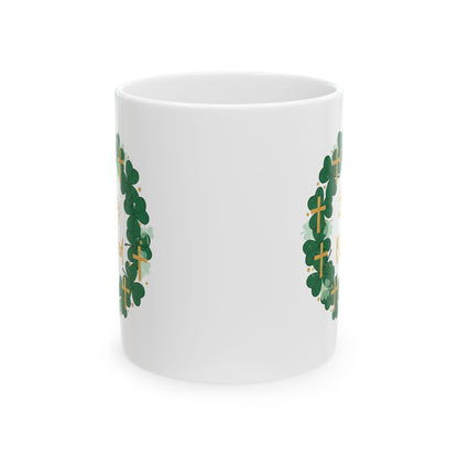 Lucky and Blessed Ceramic Mug — St. Patrick’s Shamrock & Cross Coffee Cup (11oz/15oz)