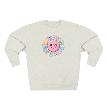 Emoji Smile Crewneck Sweatshirt — Cute Winking Face & Icon Circle Design