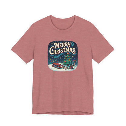 Merry Christmas Tee — Vintage Holiday Tree & Sled Graphic T-Shirt
