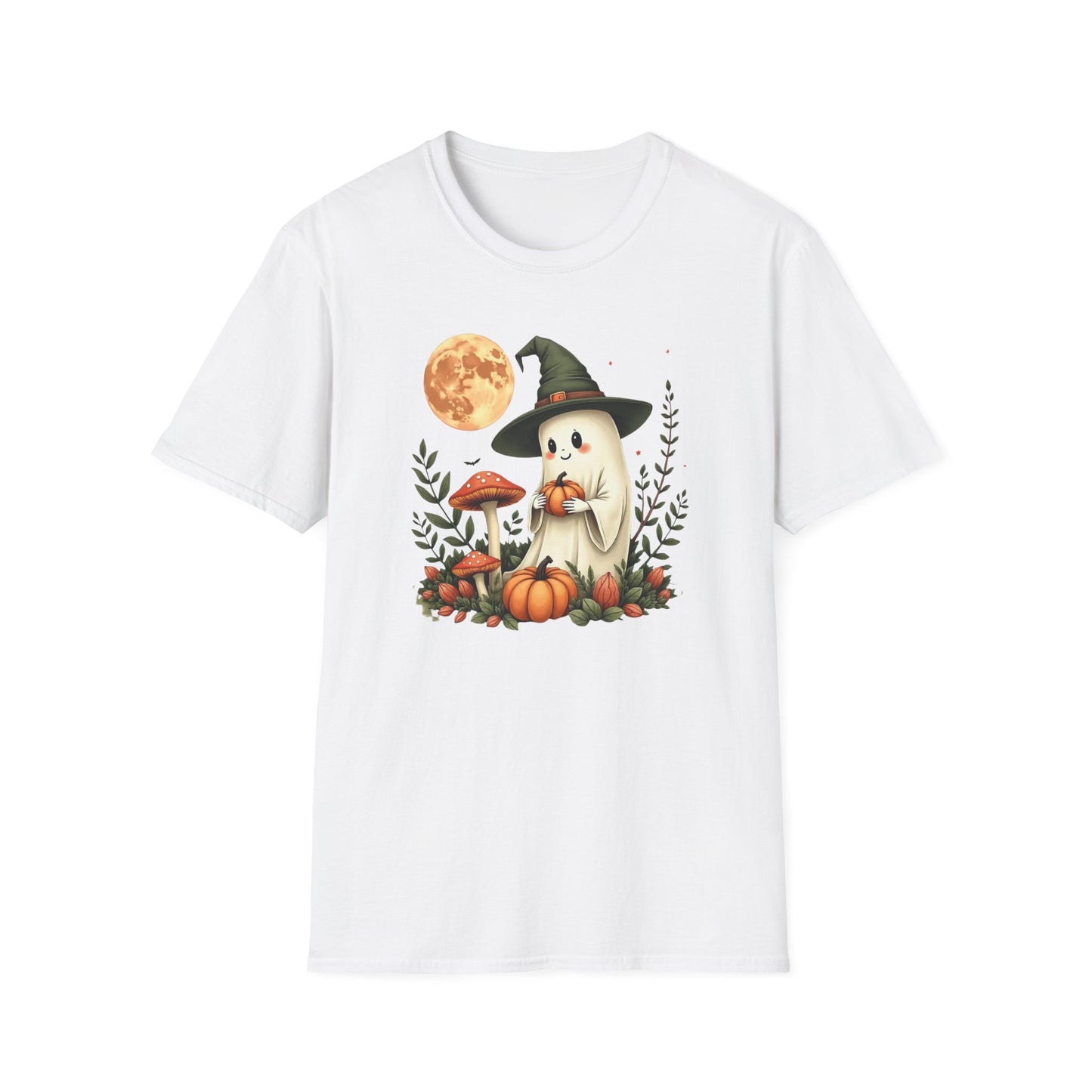 Ghost Witch T‑Shirt — Cute Halloween Moon, Pumpkin & Mushroom Design