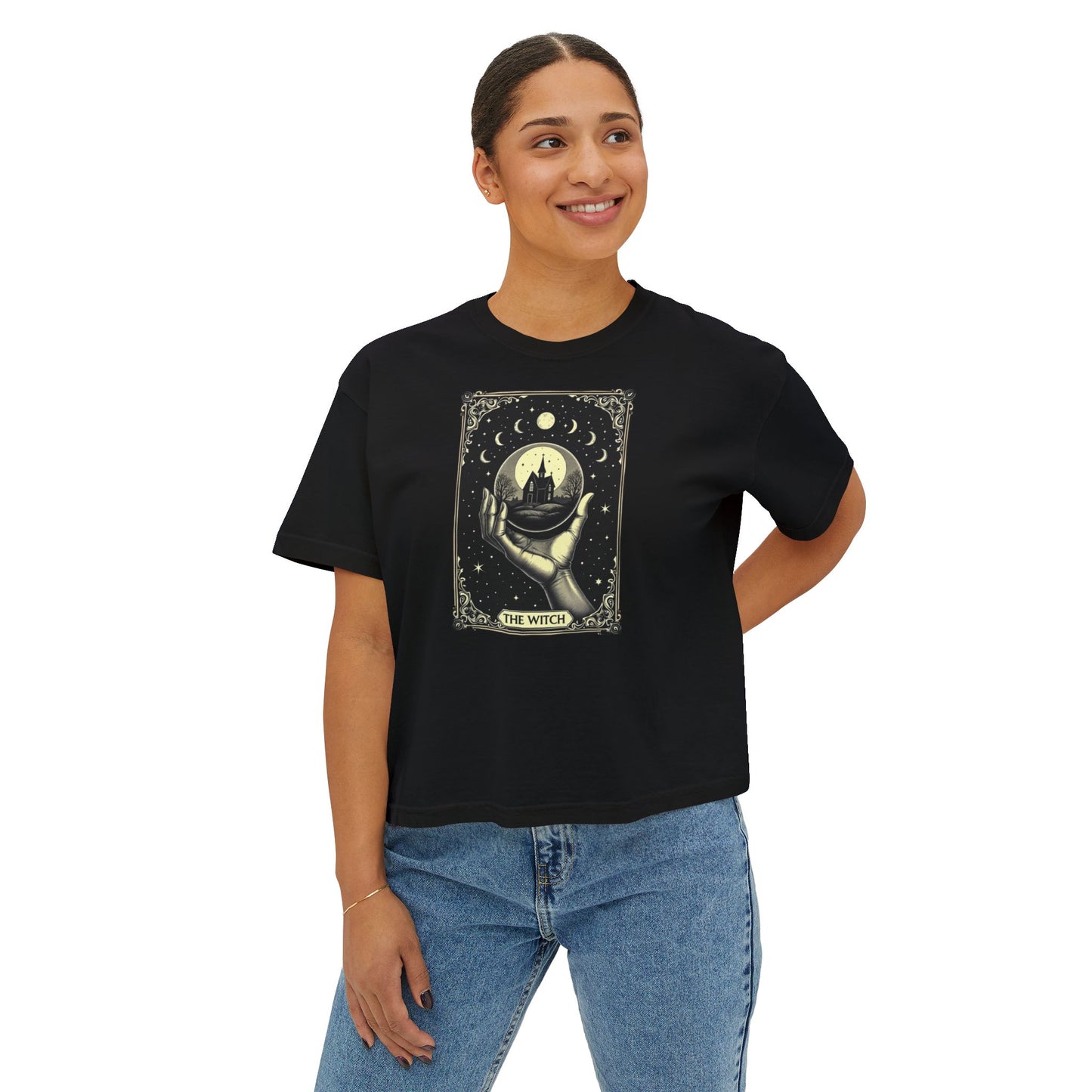 Witch Tarot Boxy Tee - Mystic Crystal Ball Graphic Women’s Crop Shirt