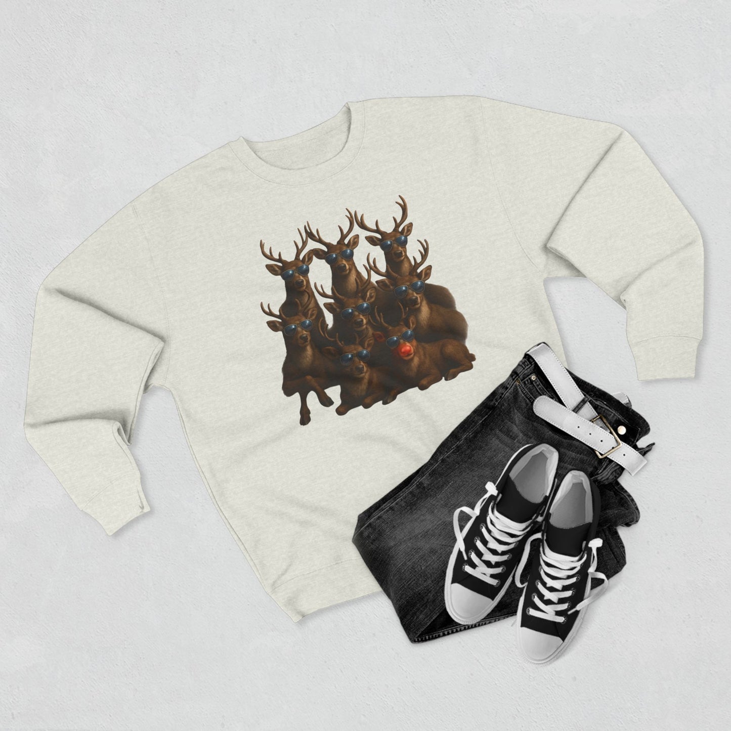 Cozy Reindeer Family Photo, Crewneck Sweatshirt — Rustic Holiday Wildlife Design