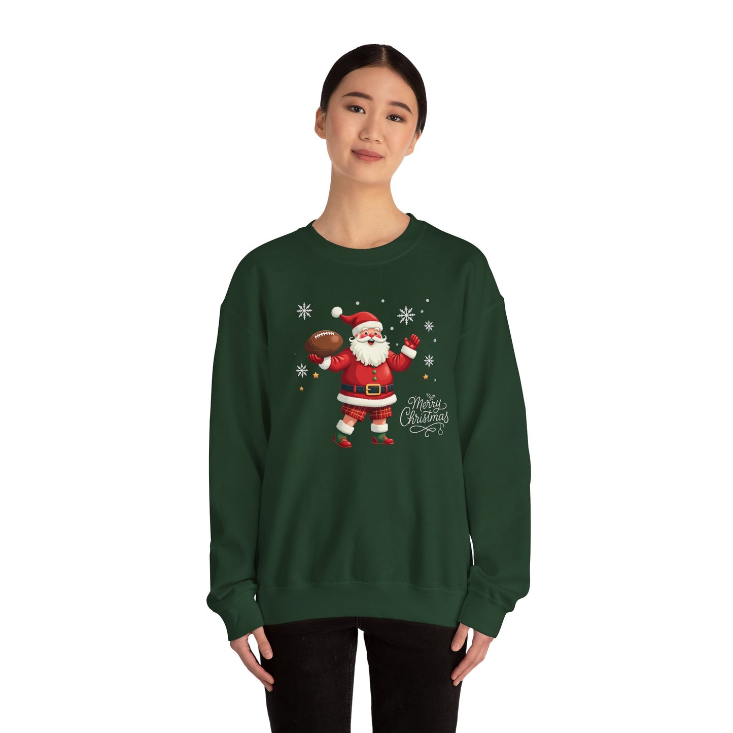Santa Throwing Football, Christmas Sweatshirt - Jolly Santa with 'Merry Christmas' Graphic