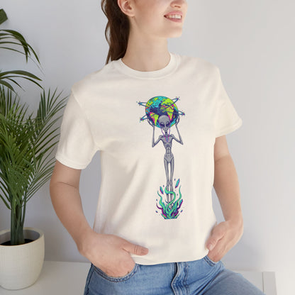 Alien Holding Earth Graphic Tee — Cosmic Sci‑Fi Alien Shirt
