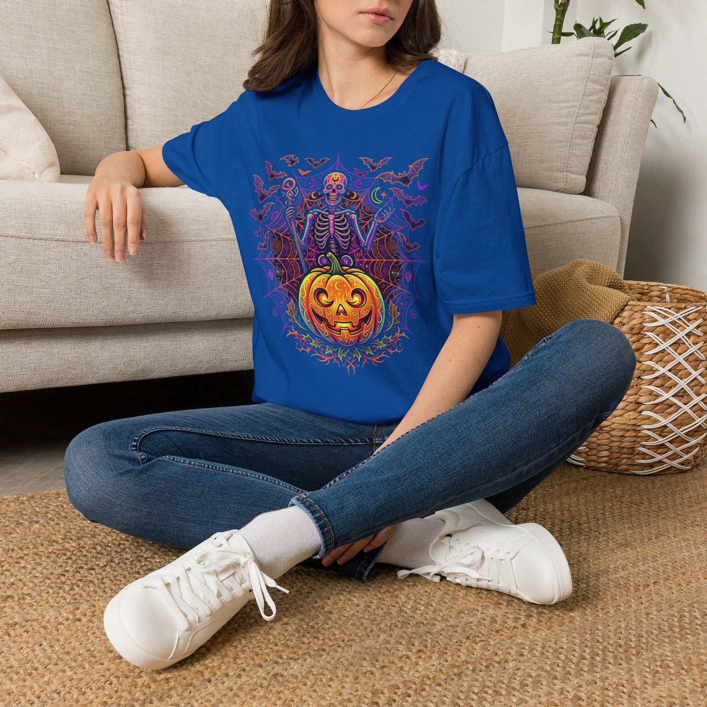 Skeleton Sorcerer Halloween T-Shirt — Jack-O'-Lantern & Bats Spooky Tee
