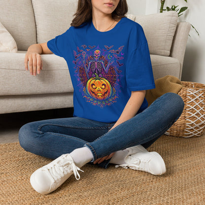Skeleton Sorcerer Halloween T-Shirt — Jack-O'-Lantern & Bats Spooky Tee