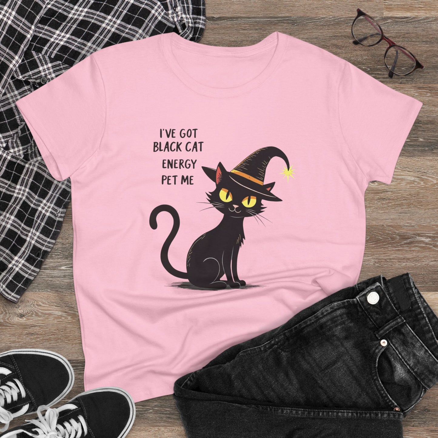 Black Cat Energy Tee — Cute Witchy Women's T-Shirt ("I've Got Black Cat Energy — Pet Me")