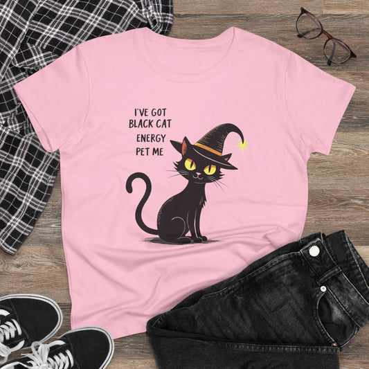 Black Cat Energy Tee — Cute Witchy Women's T-Shirt ("I've Got Black Cat Energy — Pet Me")