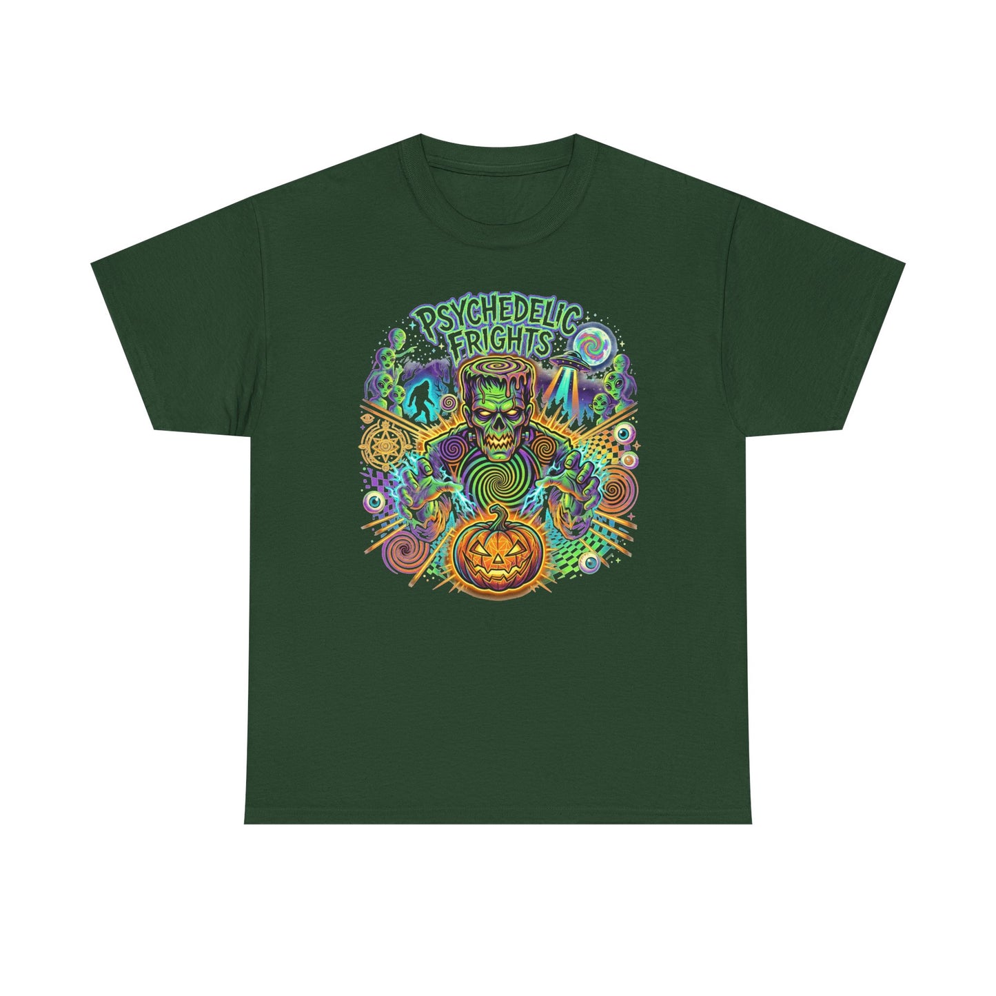 Psychedelic Monsters Halloween Tee — Spooky Pumpkin and Sasquatch Horror Graphic T-Shirt