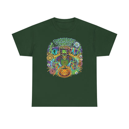 Psychedelic Monsters Halloween Tee — Spooky Pumpkin and Sasquatch Horror Graphic T-Shirt