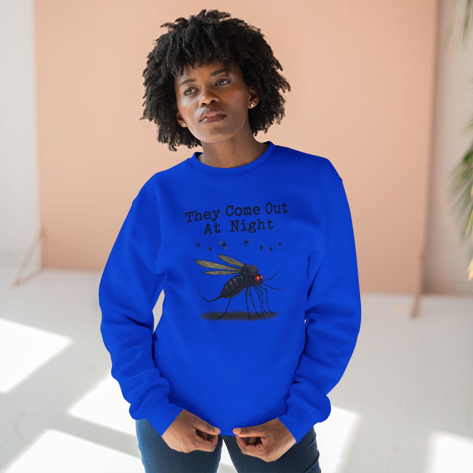 Mosquito, They come out at night, Cozy Nighttime Crewneck Sweatshirt, perfect for casual wear, gift for nature lovers, cozy evenings, Halloween, spooky season, graphic [...] - Psychonaut Swag