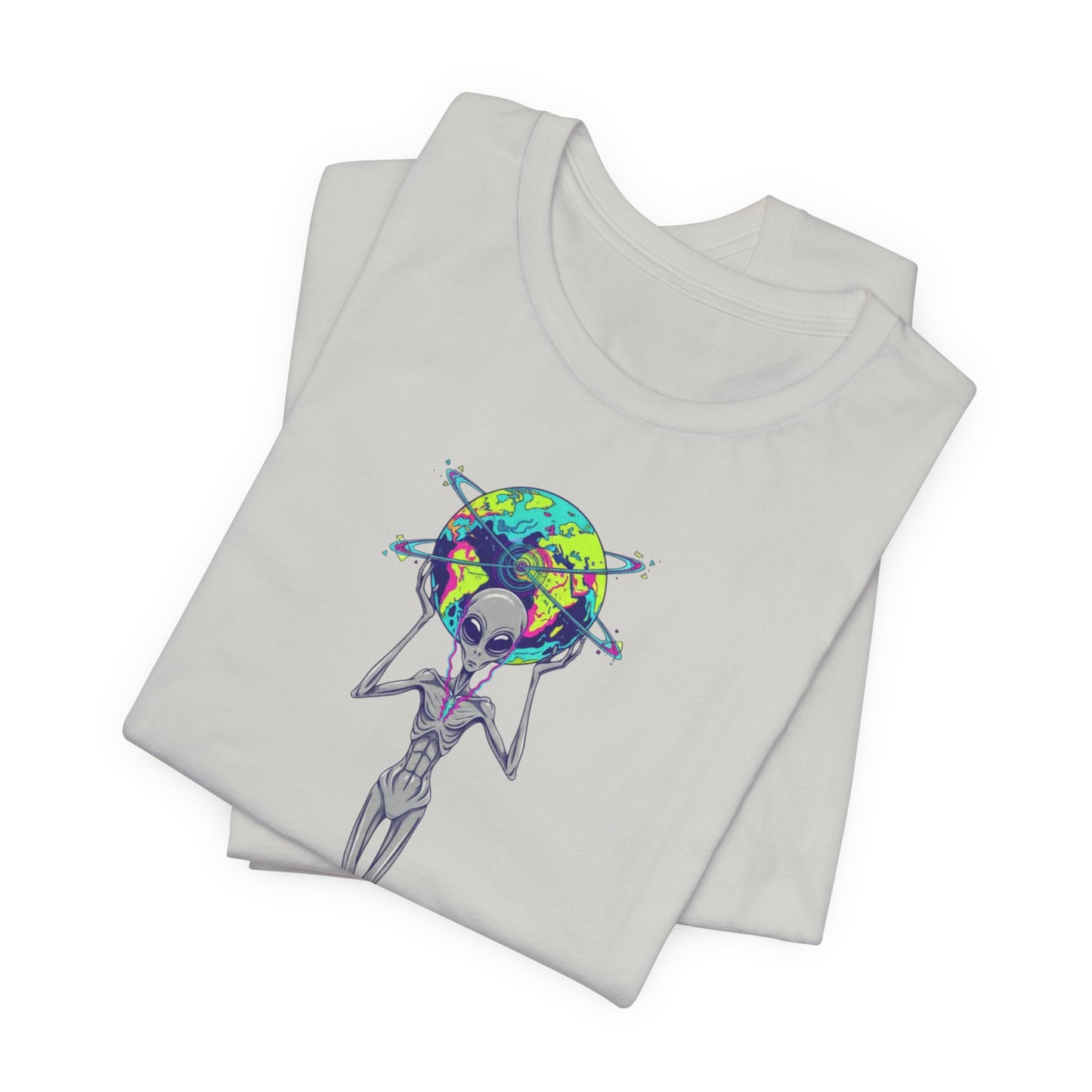 Alien Holding Earth Graphic Tee — Cosmic Sci‑Fi Alien Shirt