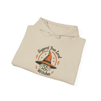 Support Your Local Witches Hoodie — Cute Witch Hat Graphic Pullover for Halloween