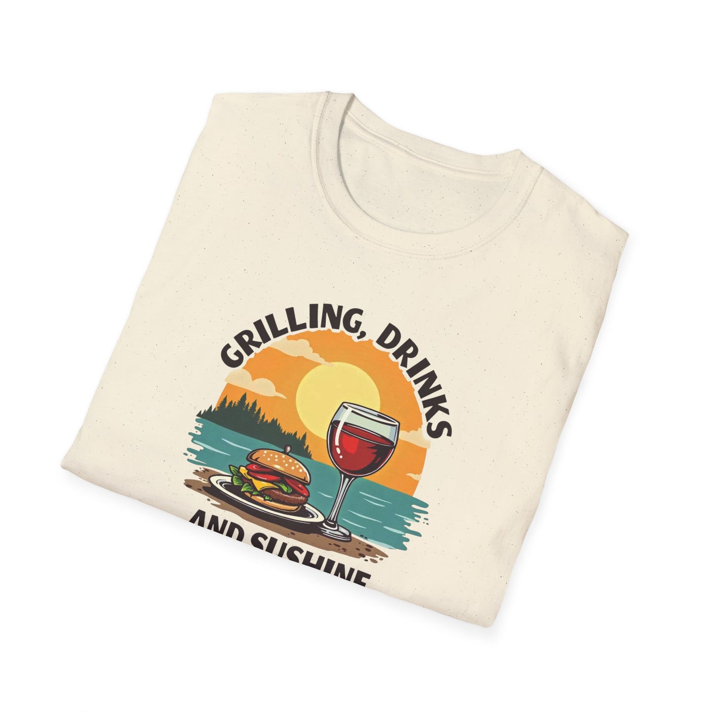 T-Shirt — Grilling, Drinks and Sunshine Retro Sunset BBQ Wine Tee