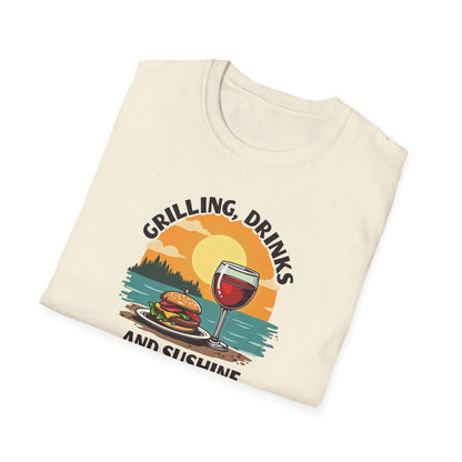 T-Shirt — Grilling, Drinks and Sunshine Retro Sunset BBQ Wine Tee
