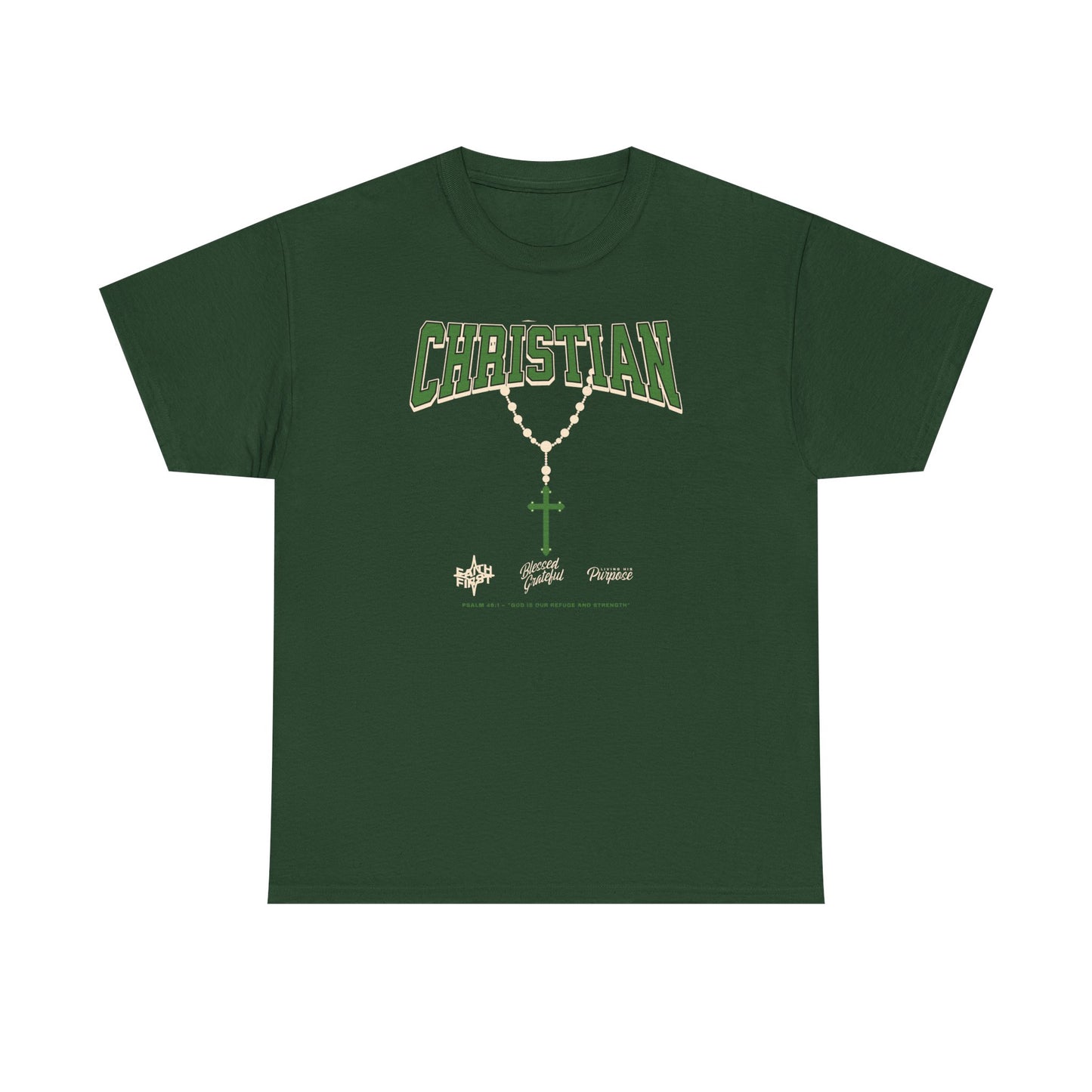 Christian Graphic Tee — Green Rosary Cross Shirt