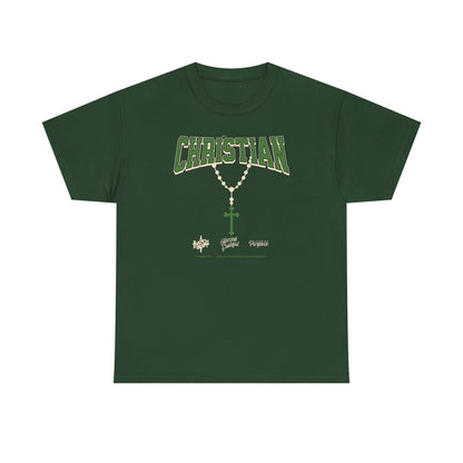 Christian Graphic Tee — Green Rosary Cross Shirt