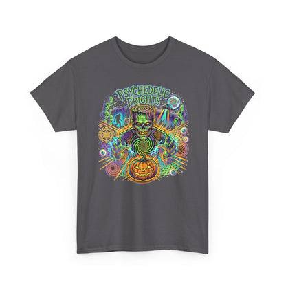 Psychedelic Monsters Halloween Tee — Spooky Pumpkin and Sasquatch Horror Graphic T-Shirt
