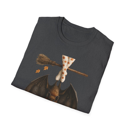 Bat and Bubblegum Unisex Softstyle T-Shirt, Halloween Top, Whimsical Graphic Tee, Cute Gift for Animal Lovers, Fall Vibes
