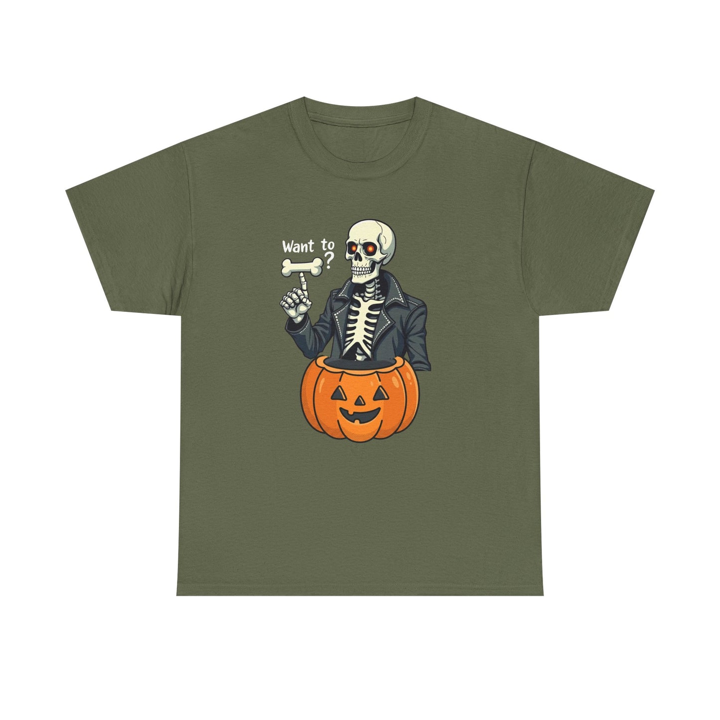 Halloween Skeleton Tee — 'Want to?' Pumpkin Jack-O'-Lantern Graphic Shirt