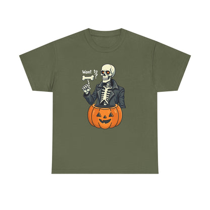 Halloween Skeleton Tee — 'Want to?' Pumpkin Jack-O'-Lantern Graphic Shirt