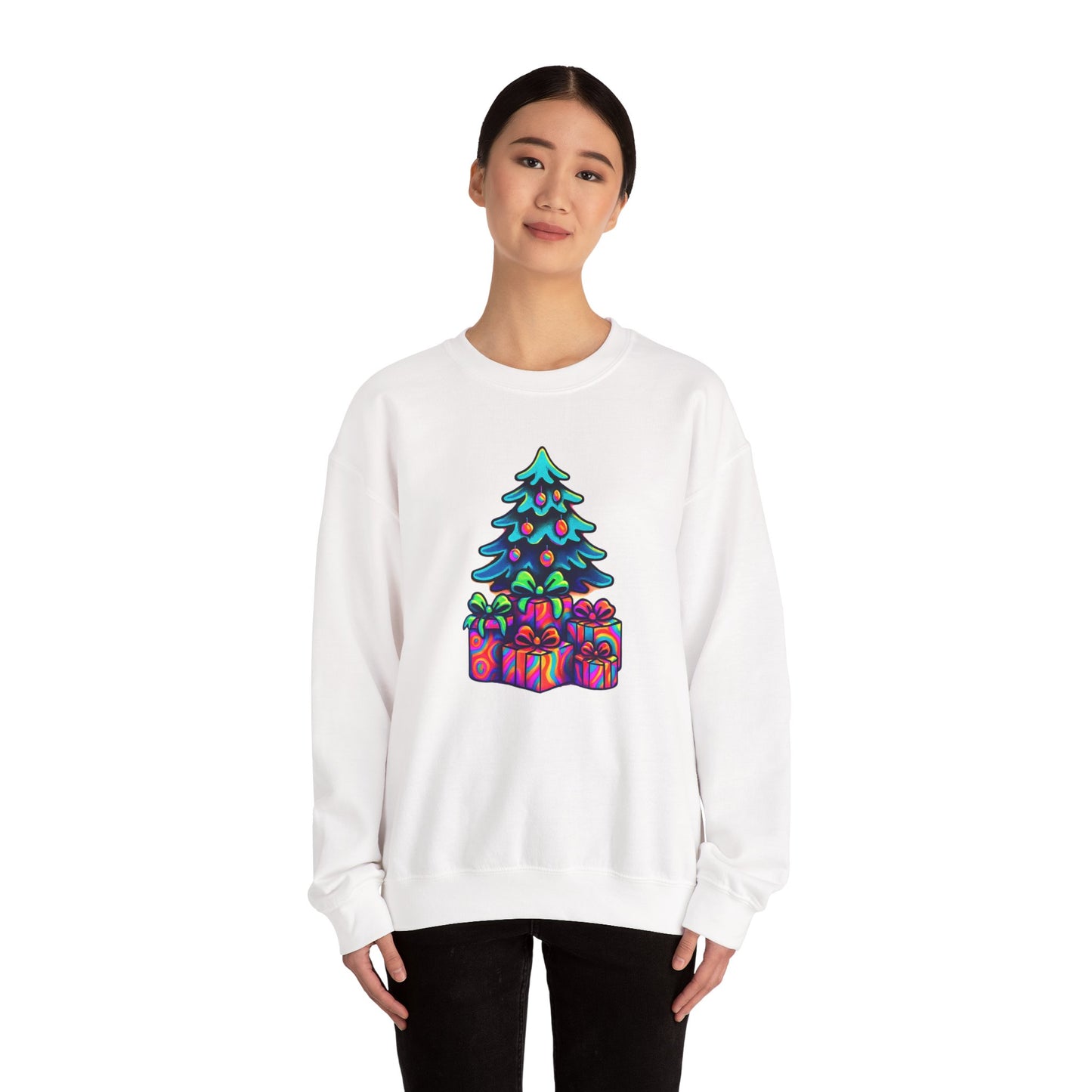 Psychedelic Christmas Tree Sweatshirt — Colorful Holiday Tree with Gifts Crewneck