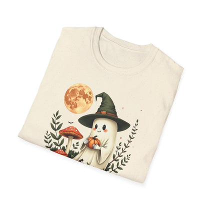 Ghost Witch T‑Shirt — Cute Halloween Moon, Pumpkin & Mushroom Design