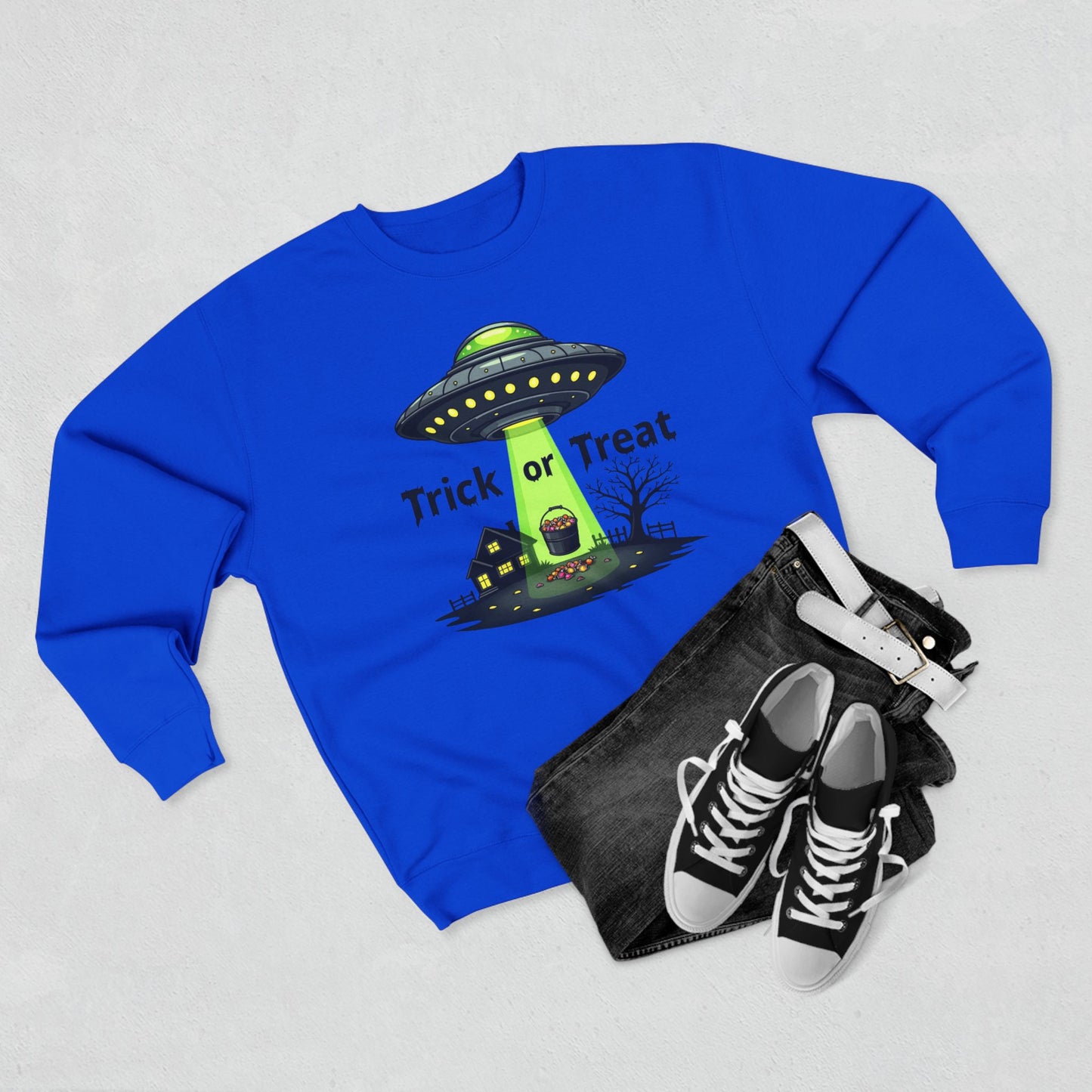 Halloween UFO Sweatshirt - "Trick or Treat" Alien Abduction Crewneck