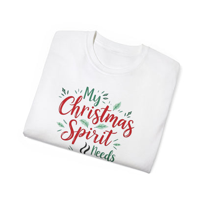 Christmas Coffee Tee - "My Christmas Spirit Needs Coffee" Holiday T-Shirt
