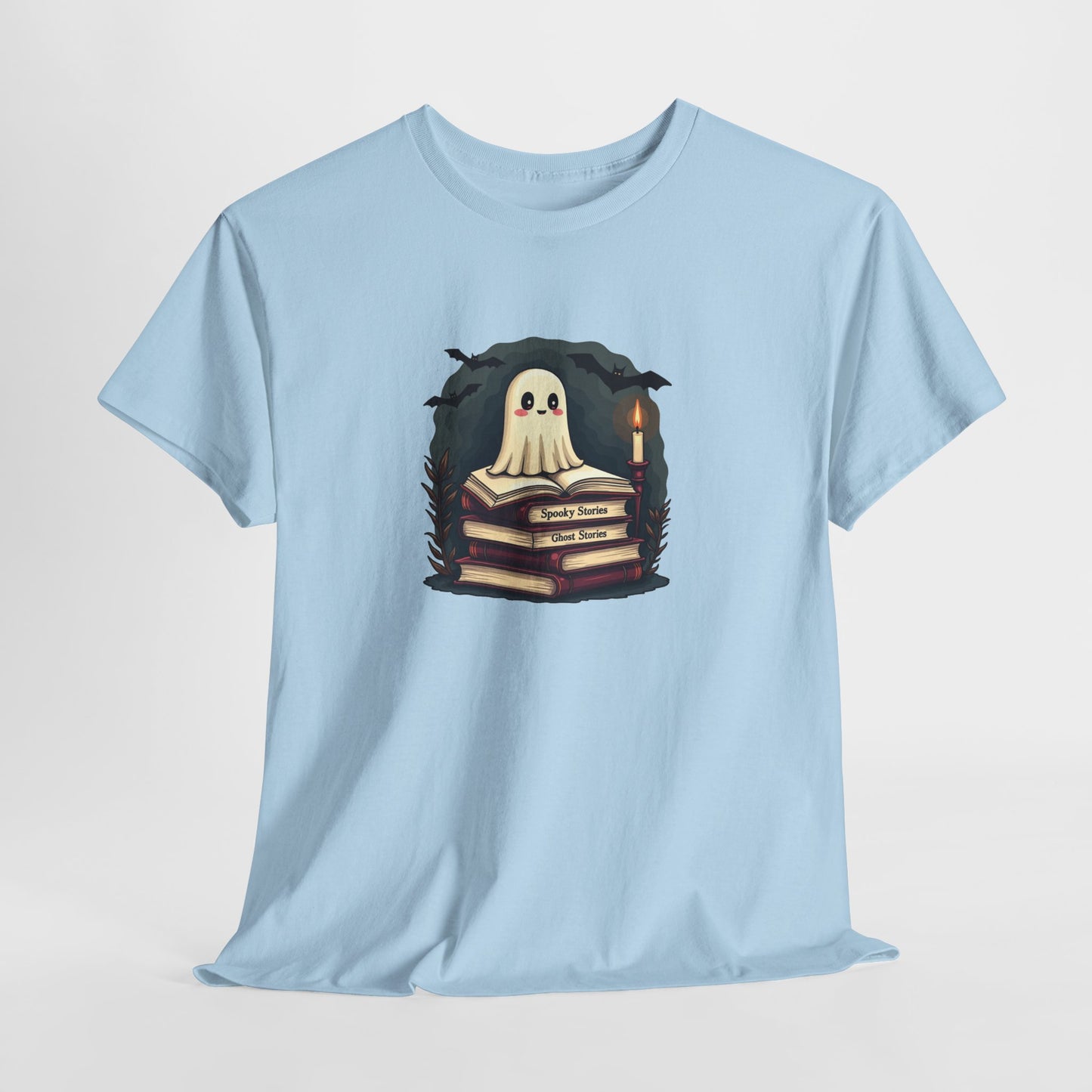 Ghost Reader T-Shirt — Cute Ghost on Stacked Books Halloween Tee