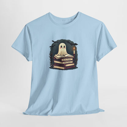 Ghost Reader T-Shirt — Cute Ghost on Stacked Books Halloween Tee