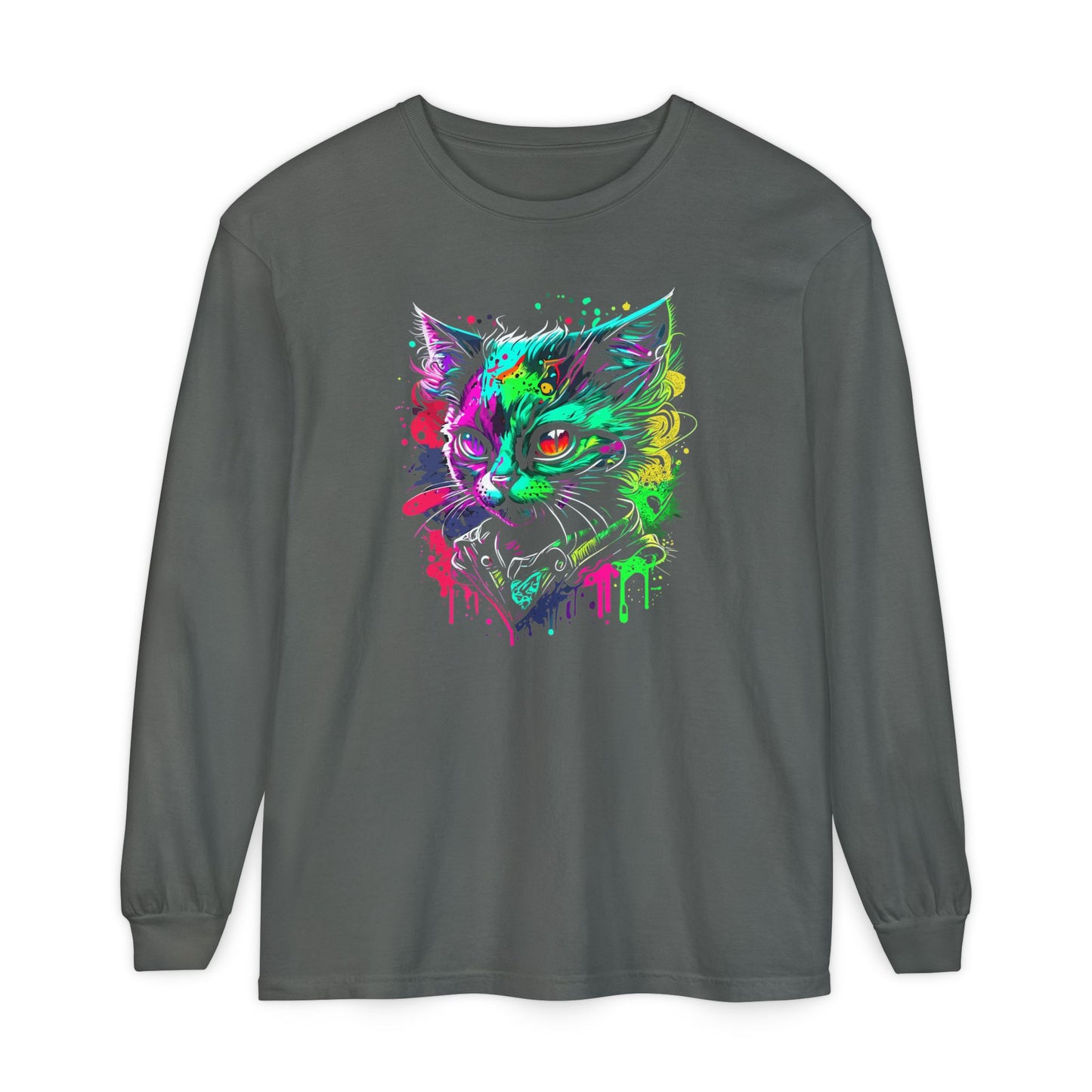 Psychedelic Cat, Unisex Garment-dyed Long Sleeve T-Shirt