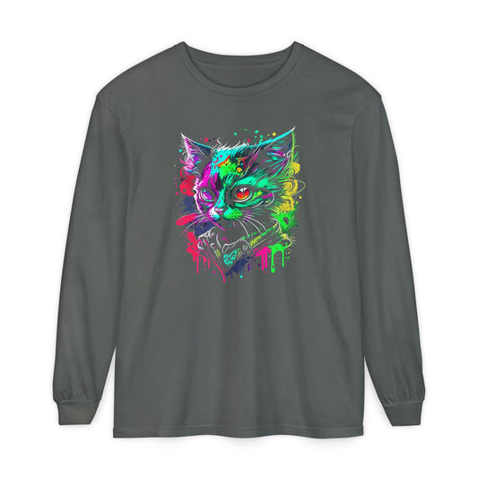 Psychedelic Cat, Unisex Garment-dyed Long Sleeve T-Shirt