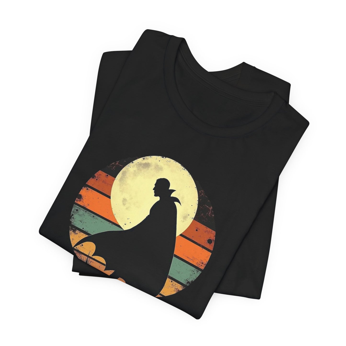 Vampire Silhouette Moon Tee — Retro Sunset Gothic Halloween T-Shirt