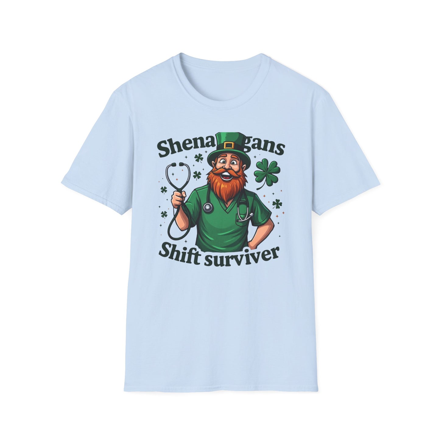 St. Patrick's Day T-Shirt — "Shenanigans Shift Survivor" Leprechaun Work Tee