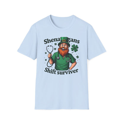 St. Patrick's Day T-Shirt — "Shenanigans Shift Survivor" Leprechaun Work Tee