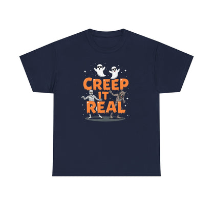 Creep It Real Unisex Heavy Cotton Tee, Halloween Shirt, Fall Apparel, Spooky Season, Ghost Theme, Unisex Casual Wear