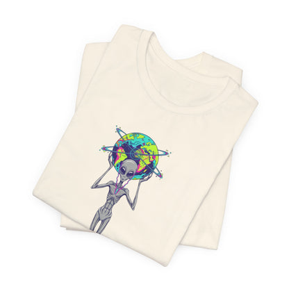 Alien Holding Earth Graphic Tee — Cosmic Sci‑Fi Alien Shirt