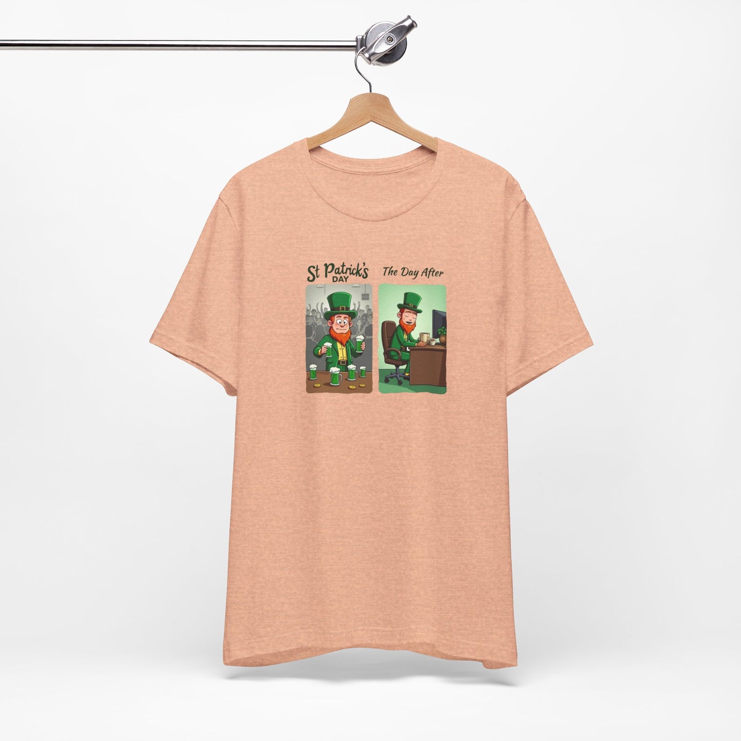 St. Patrick's Day Leprechaun Funny Cartoon T-Shirt — "St. Patrick's Day / The Day After" Tee