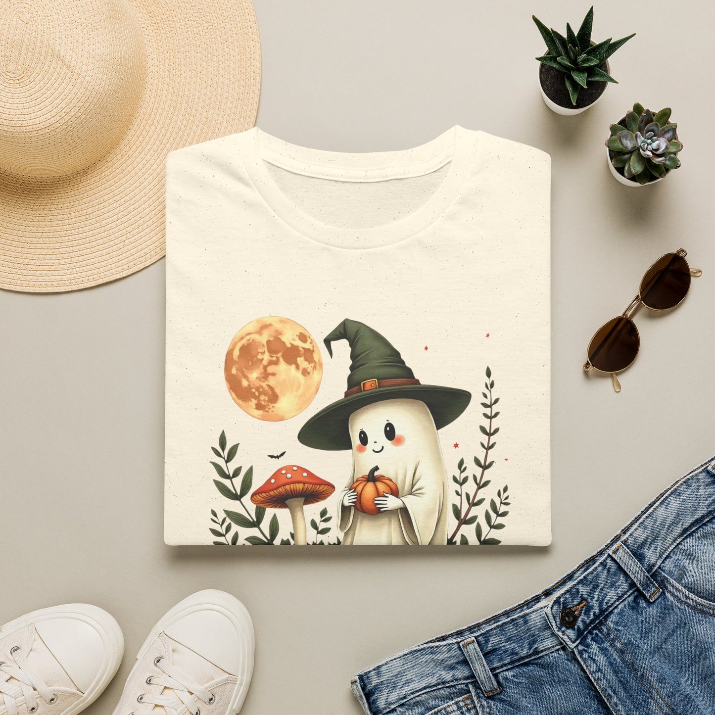 Ghost Witch T‑Shirt — Cute Halloween Moon, Pumpkin & Mushroom Design