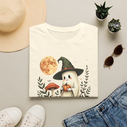 Ghost Witch T‑Shirt — Cute Halloween Moon, Pumpkin & Mushroom Design