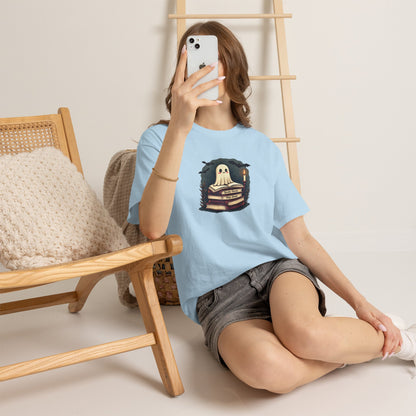 Ghost Reader T-Shirt — Cute Ghost on Stacked Books Halloween Tee