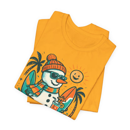 Frosty on Vacation Graphic Tee — Surfing Snowman with Drink Summer Holiday T-Shirt