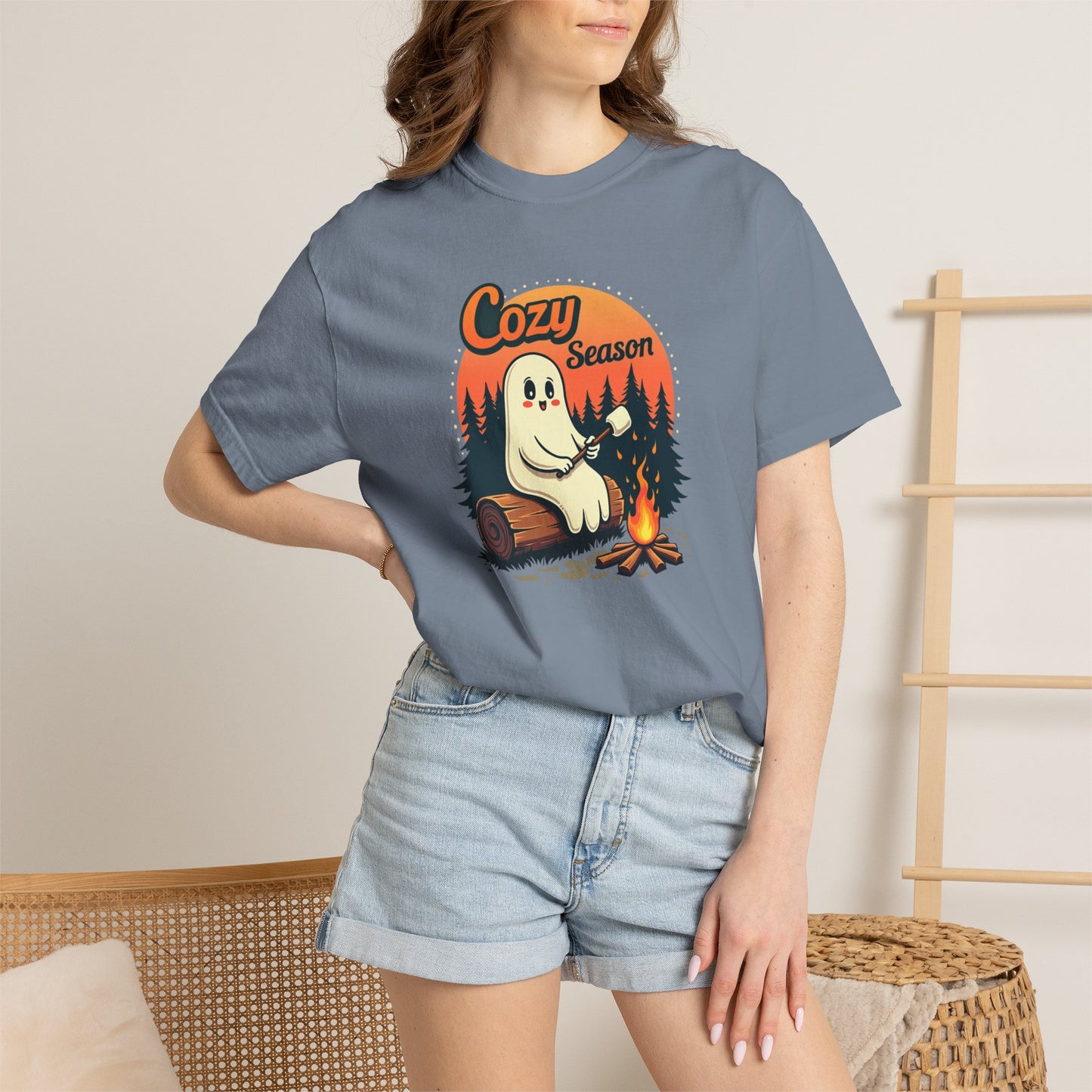 Cozy Season Ghost Tee — Campfire Autumn Graphic T-Shirt