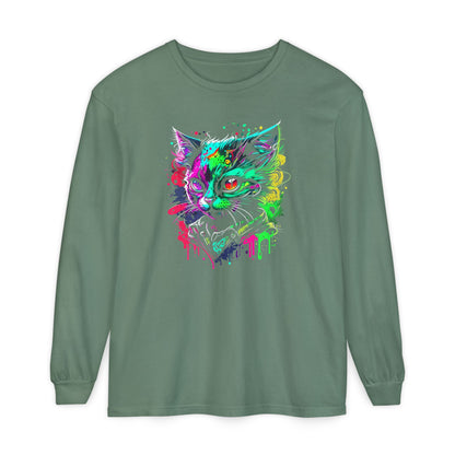 Psychedelic Cat, Unisex Garment-dyed Long Sleeve T-Shirt