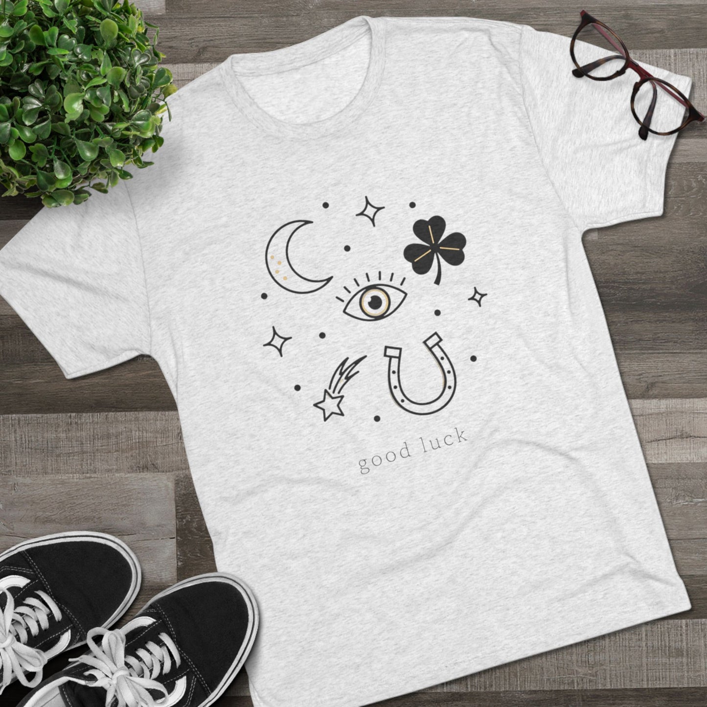 Good Luck Symbols Tee — Minimal Mystic Crescent, Eye, Horseshoe & Clover Graphic Shirt