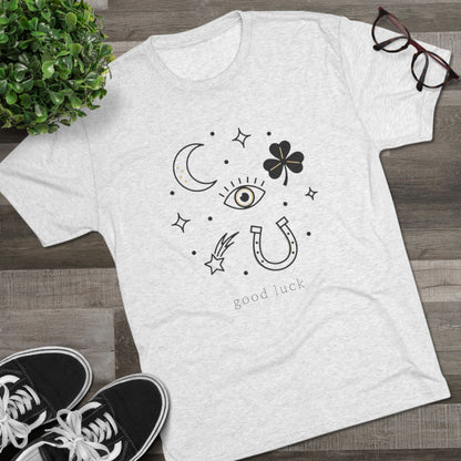 Good Luck Symbols Tee — Minimal Mystic Crescent, Eye, Horseshoe & Clover Graphic Shirt