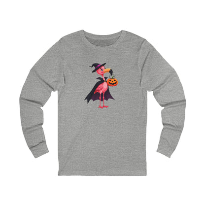 Halloween Flamingo Long Sleeve Tee — Cute Witch Flamingo with Jack‑o’‑Lantern