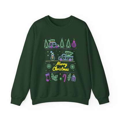 Christmas Crewneck Sweatshirt — Neon Holiday Tree "Merry Christmas" Design