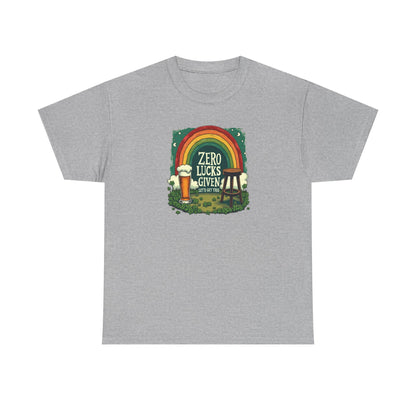 St. Patrick’s Day Tee — "Zero Lucks Given" Rainbow & Beer Graphic T-Shirt